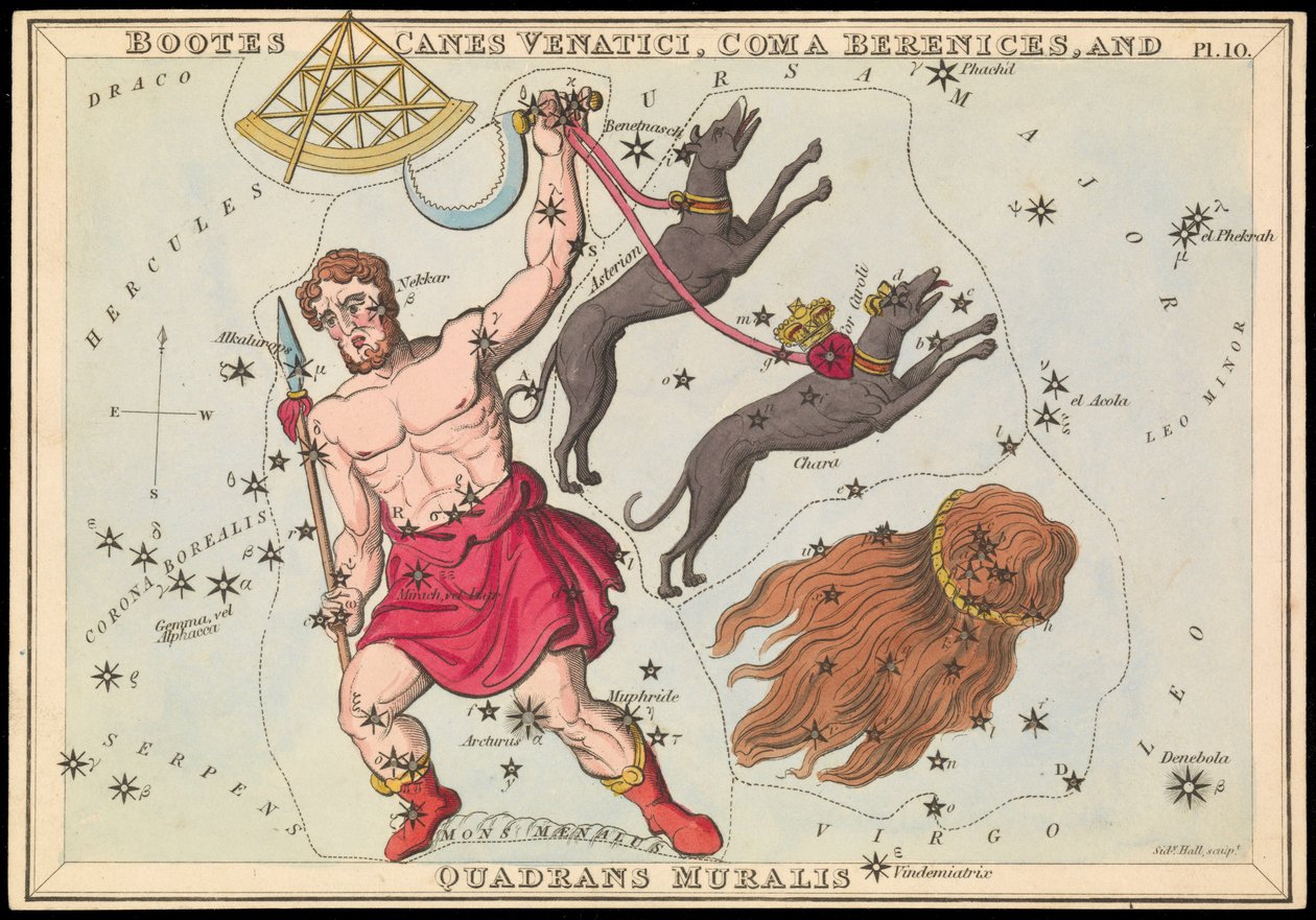Bootes Canes Venatici, Coma Berenices i Quadrans Muralis, ok. 1825 (karta, papier, bibułka) autorstwa Sydney Hall