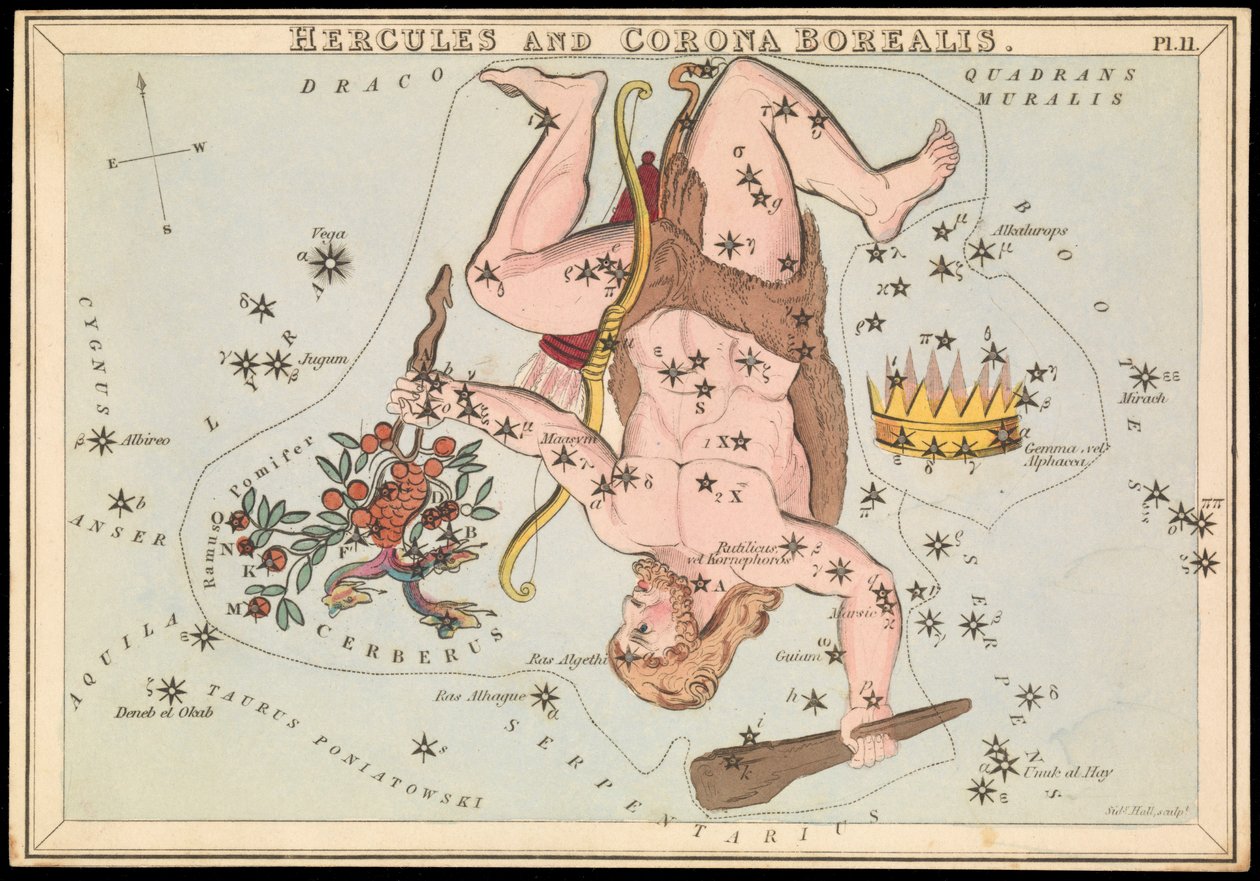 Herkules i Corona Borealis, ok. 1825 r. (karta, papier, bibułka) autorstwa Sydney Hall