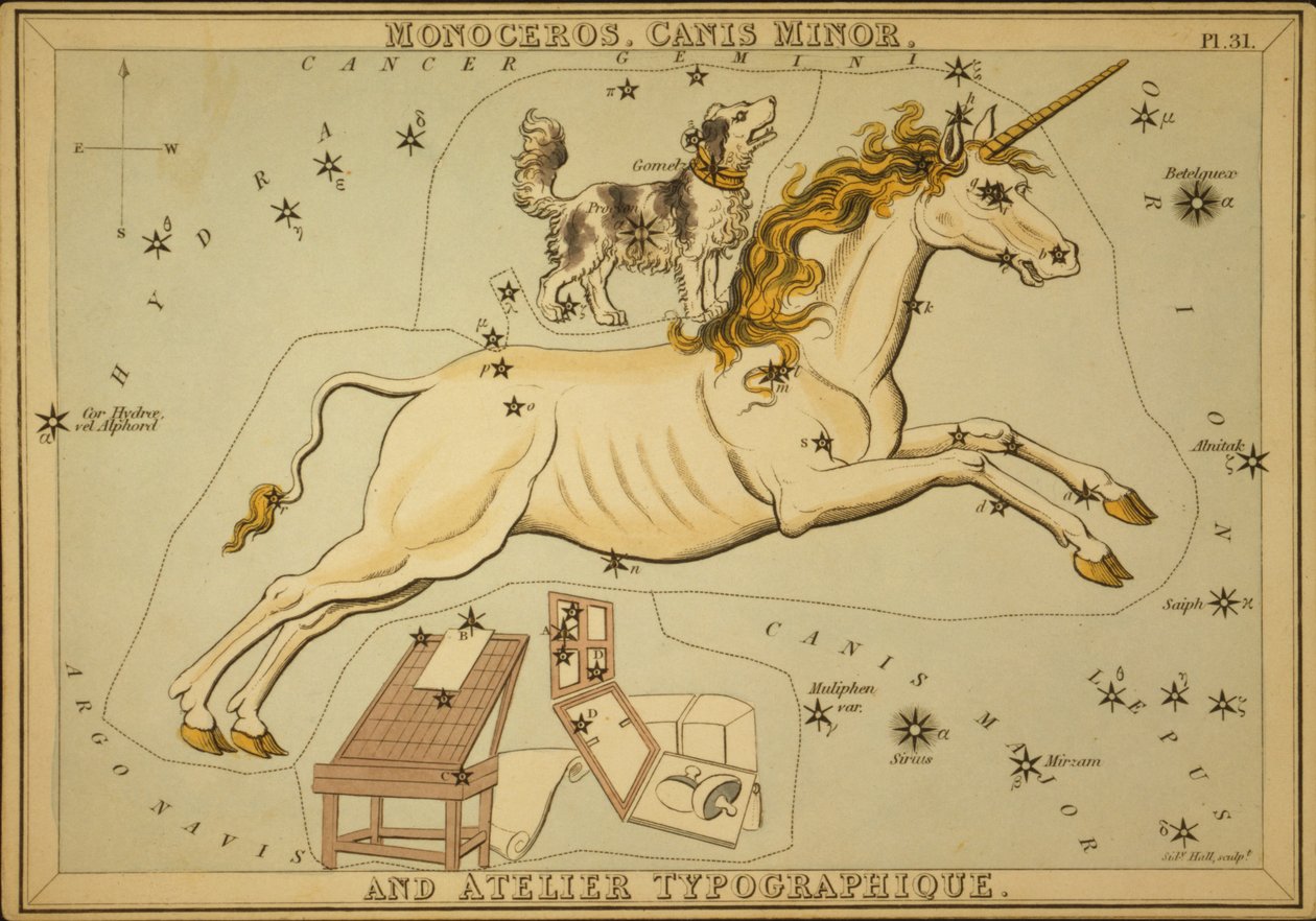 Monoceros, Canis Minor i Atelier Typographique, ilustracja z „Zwierciadła Urania” autorstwa Sydney Hall