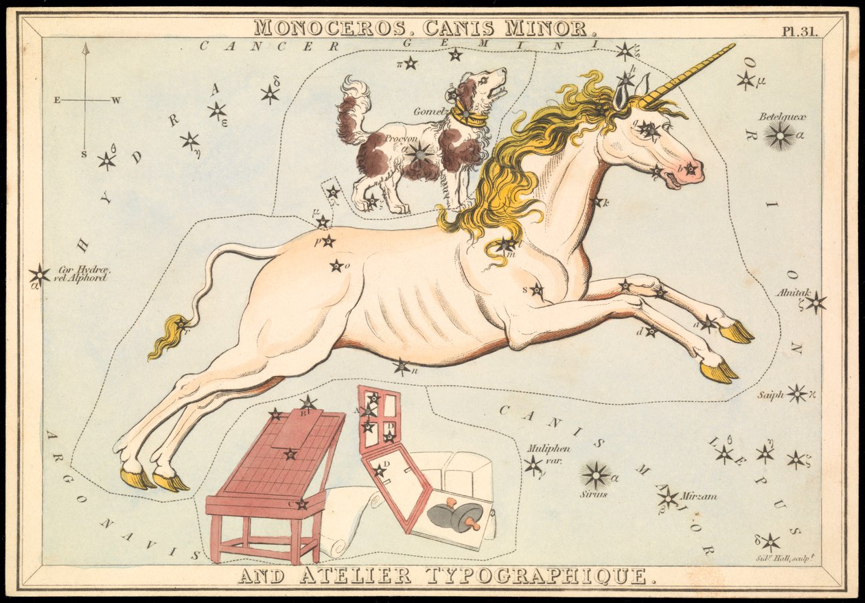 Monoceros, Canis Minor i Atelier Typographique, ok. 1825 (karta, papier, bibułka) autorstwa Sydney Hall