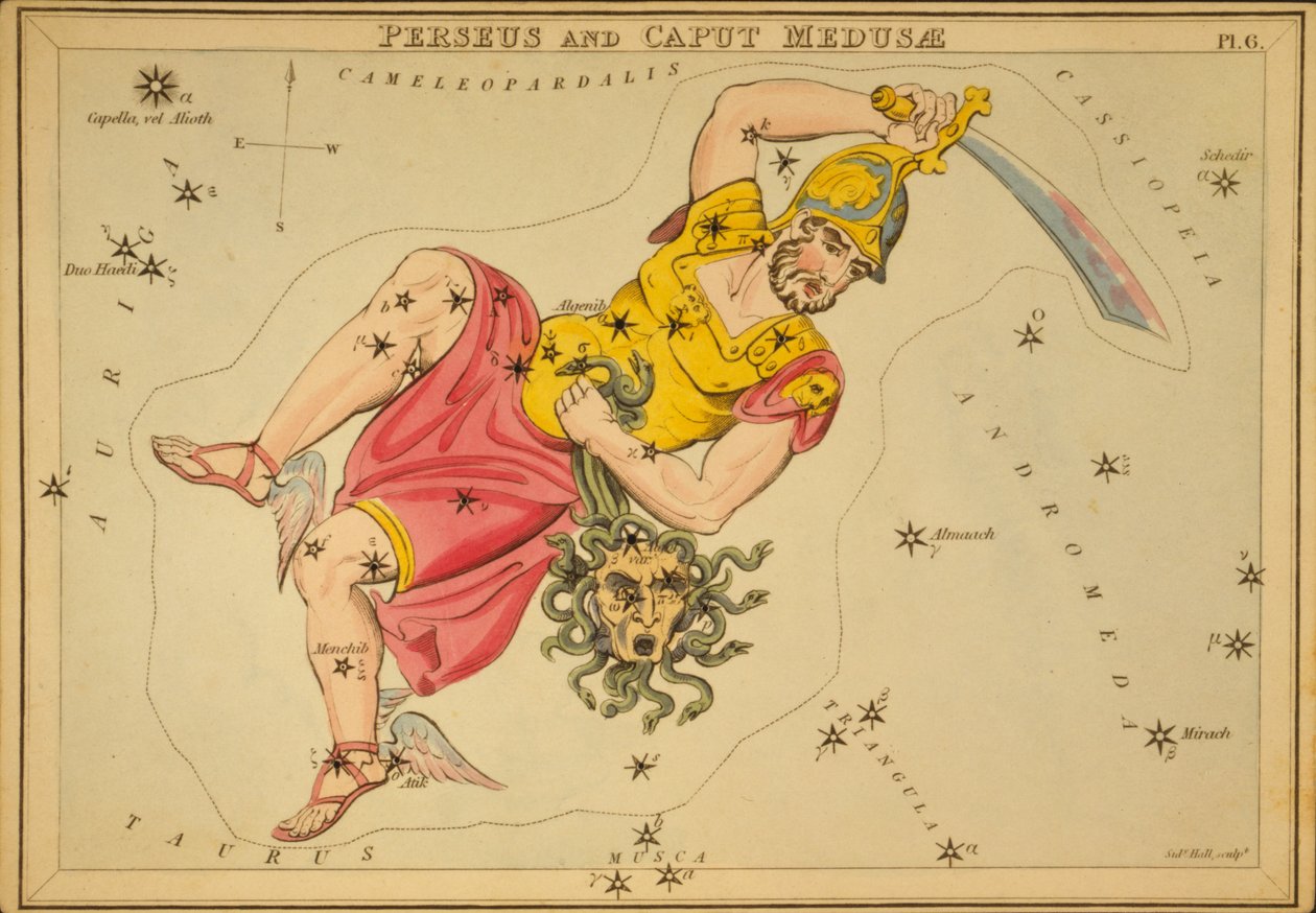Perseusz i Caput Meduza, ilustracja z "Zwierciadła Urania" autorstwa Sydney Hall