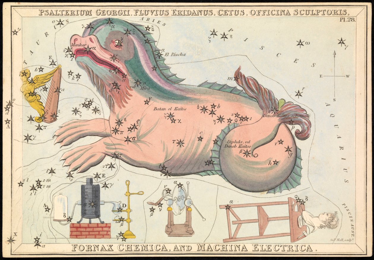 Psalterium Georgii, Fluvius Eridanus, Cetus, Officina Sculptories, Fornax Chemica i Machina Electrica, ok. 1825 (karta, papier, bibułka) autorstwa Sydney Hall
