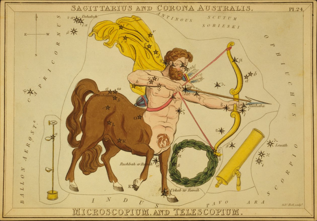 Strzelec i Corona Australis, Microscopium i Telescopium, ilustracja z „Zwierciadła Urania” autorstwa Sydney Hall
