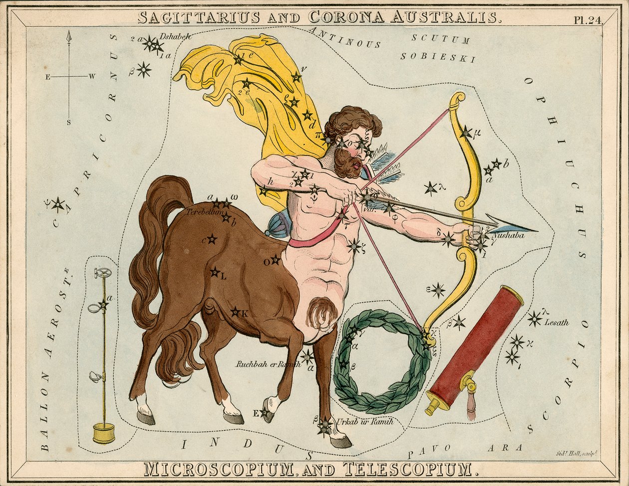 Sagittarius i Corona Australis. Microscopium and Telescopium, ok. 1825 r. (karta, papier, bibułka) autorstwa Sydney Hall