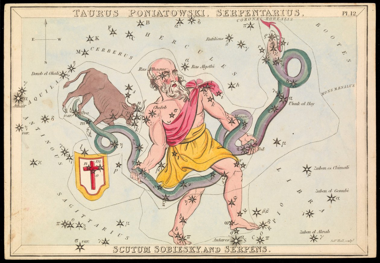 Taurus Poniatowski, Serpentarius, Scutum Sobieski i Serpens, ok. 1825 (karta, papier, bibułka) autorstwa Sydney Hall