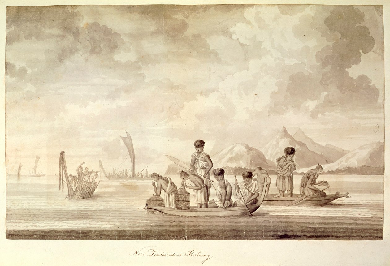 Add.23920, f.44 Nowozelandczycy łowienie ryb, styczeń 1770 r. autorstwa Sydney Parkinson