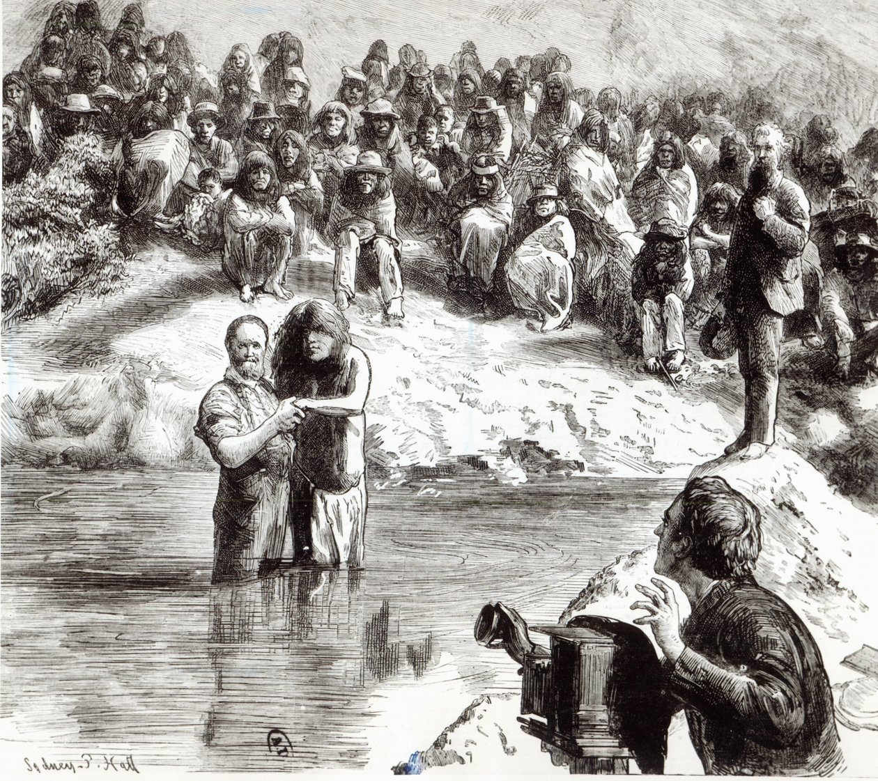 Chrzest Indian północnoamerykańskich — mormoni pozujący na apostołów Chrystusa, 1892 r. autorstwa Sydney Prior Hall