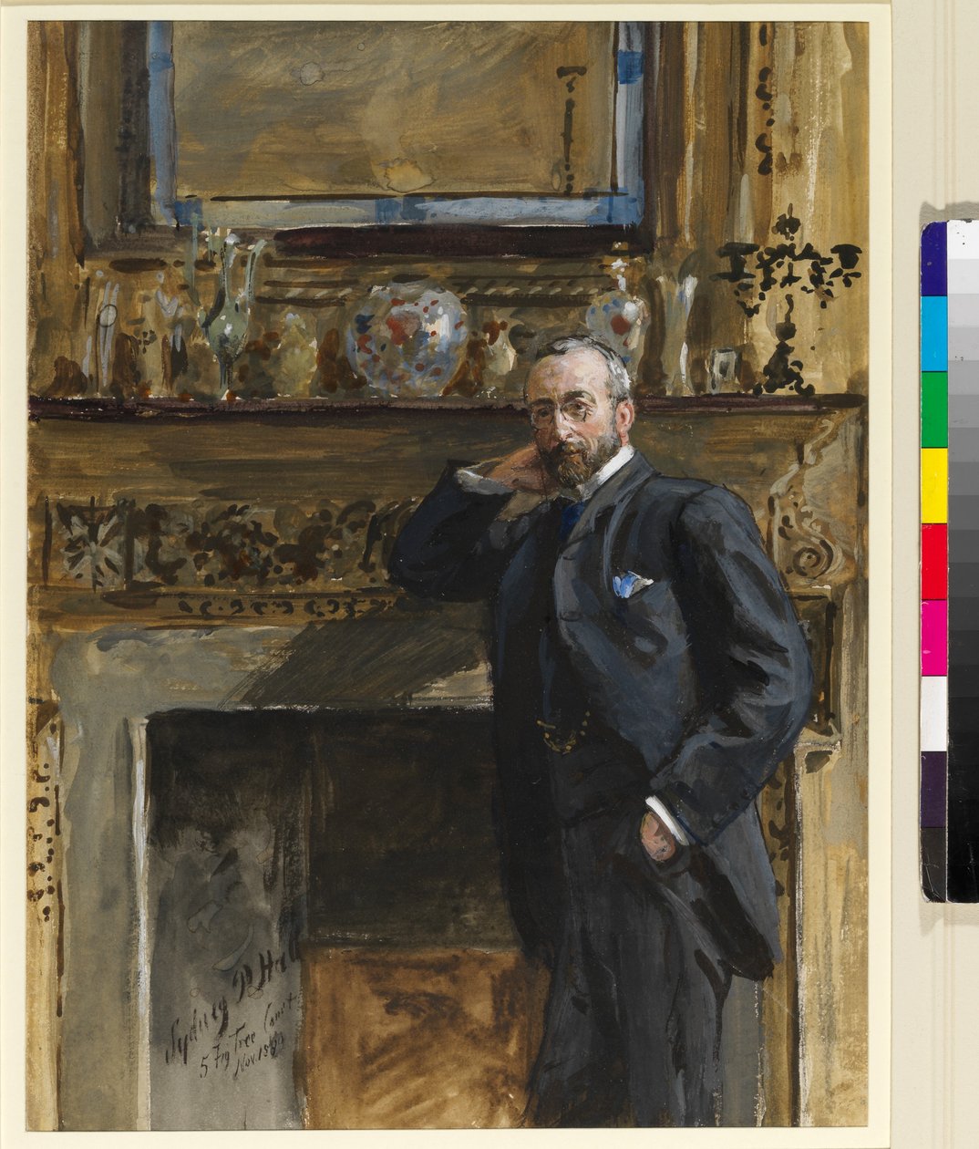Dżentelmen we wnętrzu przy Fig Tree Court 5, 1890 r. autorstwa Sydney Prior Hall
