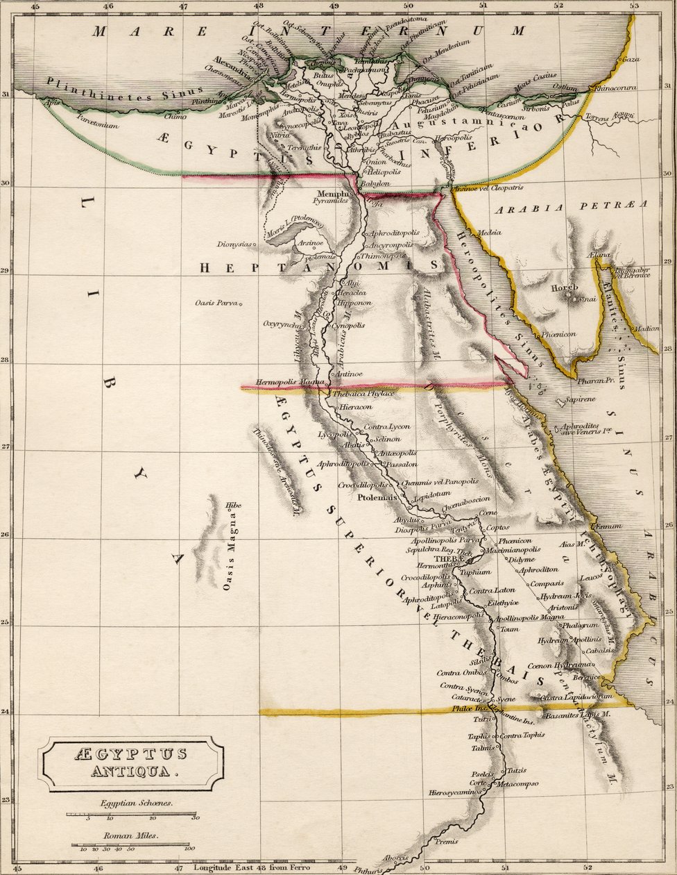 Mapa Aegyptus Antiqua (starożytnego Egiptu), narysowana i rytowana przez Sydney Hall, ok. 1826 r. autorstwa Sydney Prior Hall