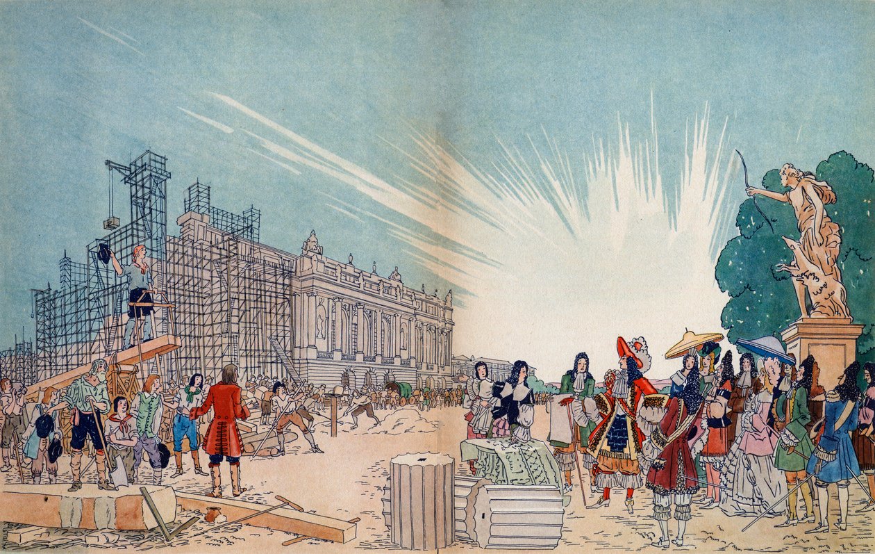 Budowa zamku w Wersalu w 1678 r. według planów Julesa Hardouina Mansarta z królem Francji Ludwikiem XIV - Ilustracja Sylvaina Sauvage (1888-1948) autorstwa Sylvain Sauvage