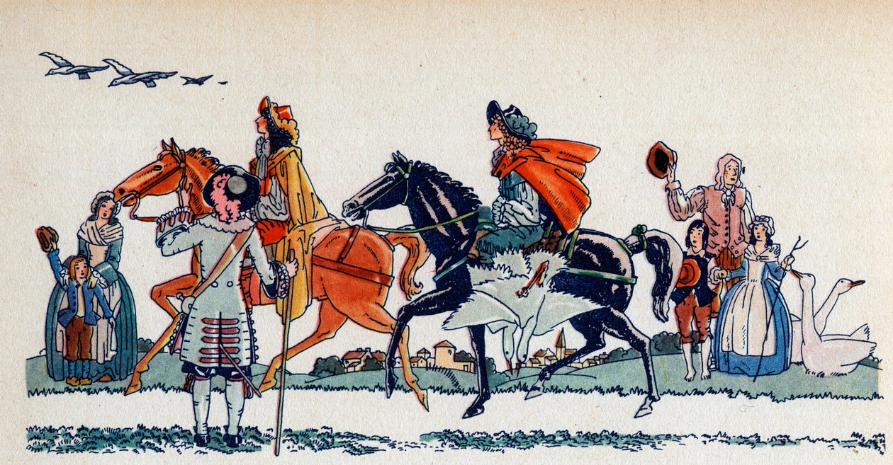 Król Ludwik XIV poluje - Ilustracja Sylvaina Sauvage (1888-1948) do książki „Ludwik XIV” Frantza Funcka-Brentano (1862-1947) z 1938 r. Uwaga! Korzystanie z tej pracy może podlegać trzeciej części autorstwa Sylvain Sauvage