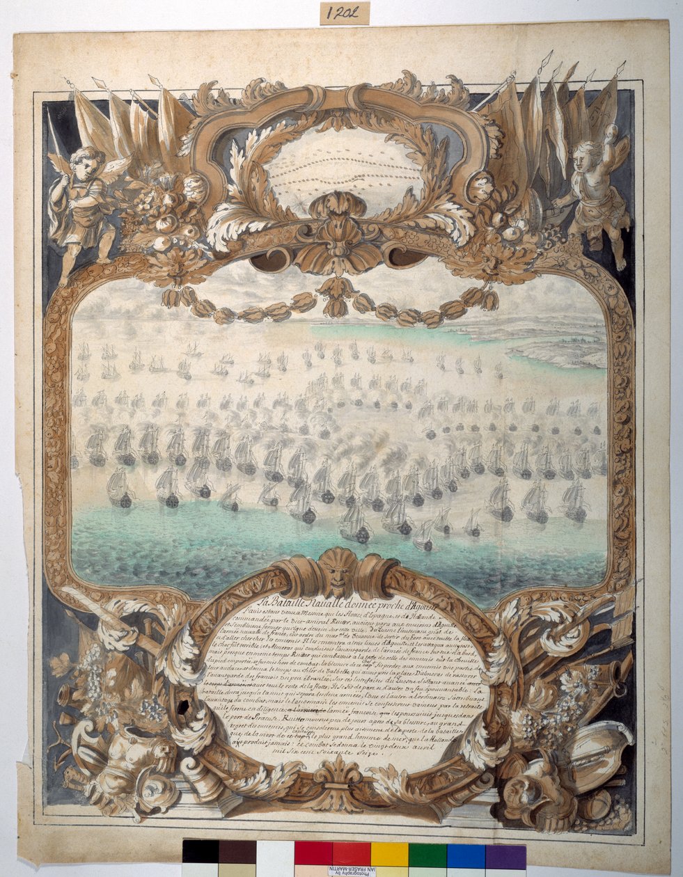 Bitwa morska pod Agouste, 22 kwietnia 1676 (czarny tusz i pisak do mapowania z akwarelą na papierze) autorstwa Sylvain Bonnet
