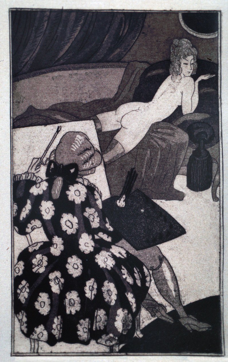 Erotyzm: Giacomo Casanova (1725-1798) przedstawiający swoją wydłużoną kochankę leniwie nagą na sofie (akwaforta) autorstwa Sylvain Sauvage