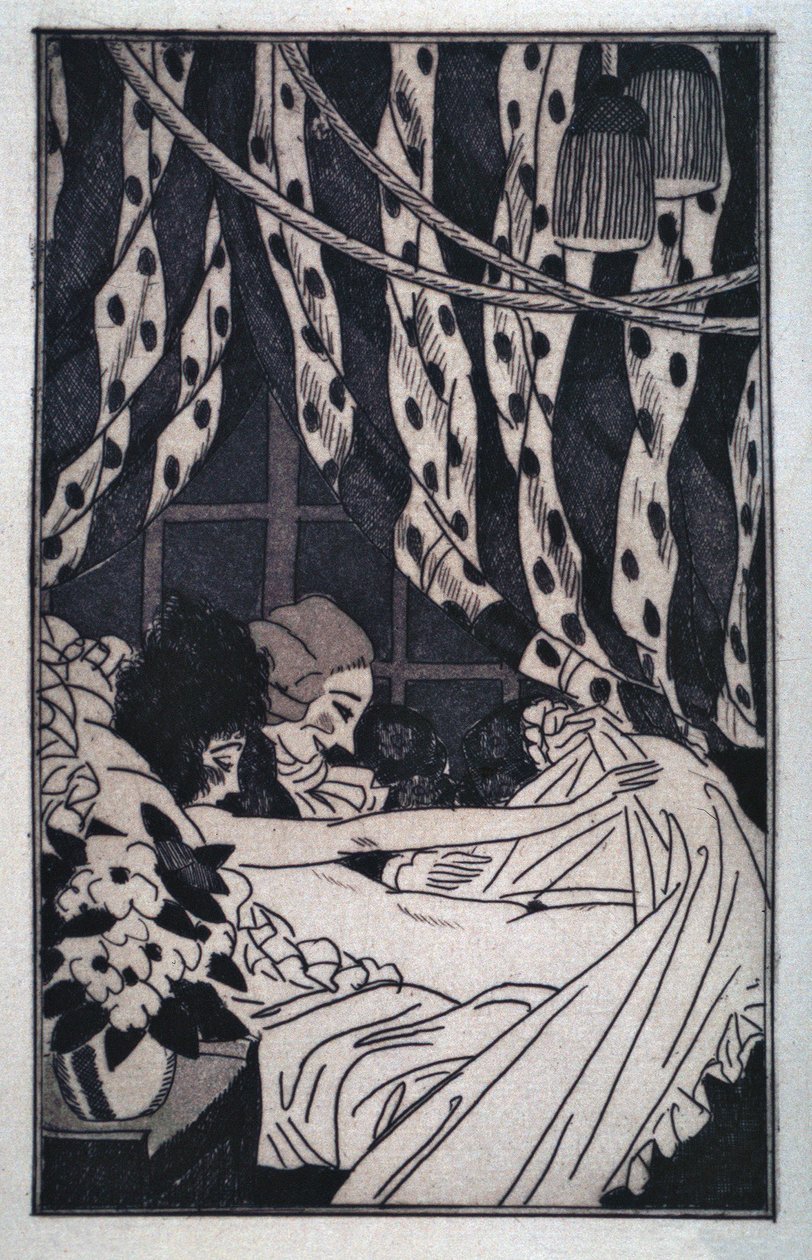 Erotyzm: Giacomo Casanova (1725-1798) podnosi prześcieradła, by kontemplować swoją nagą kochankę, początek XX wieku (akwaforta) autorstwa Sylvain Sauvage