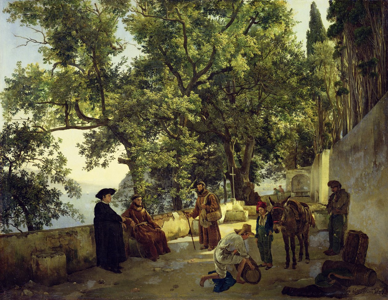 Weranda nad brzegiem morza, mnisi z klasztoru Cappucin na przedmieściach Sorrento, 1827 r. autorstwa Sylvester F. Shedrin