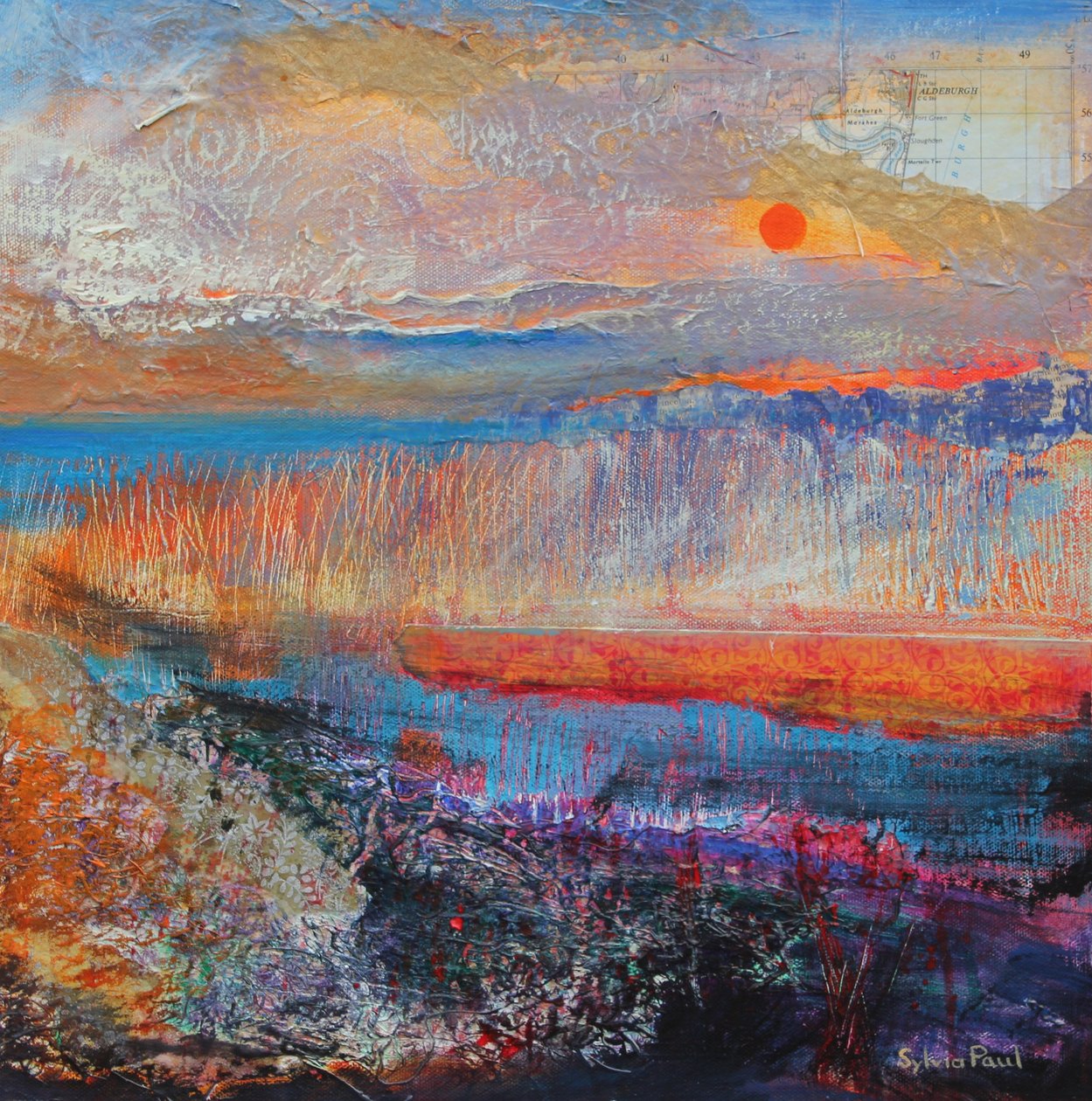 Marsh Sunset 2013, kolaż z papieru akrylowego autorstwa Sylvia Paul