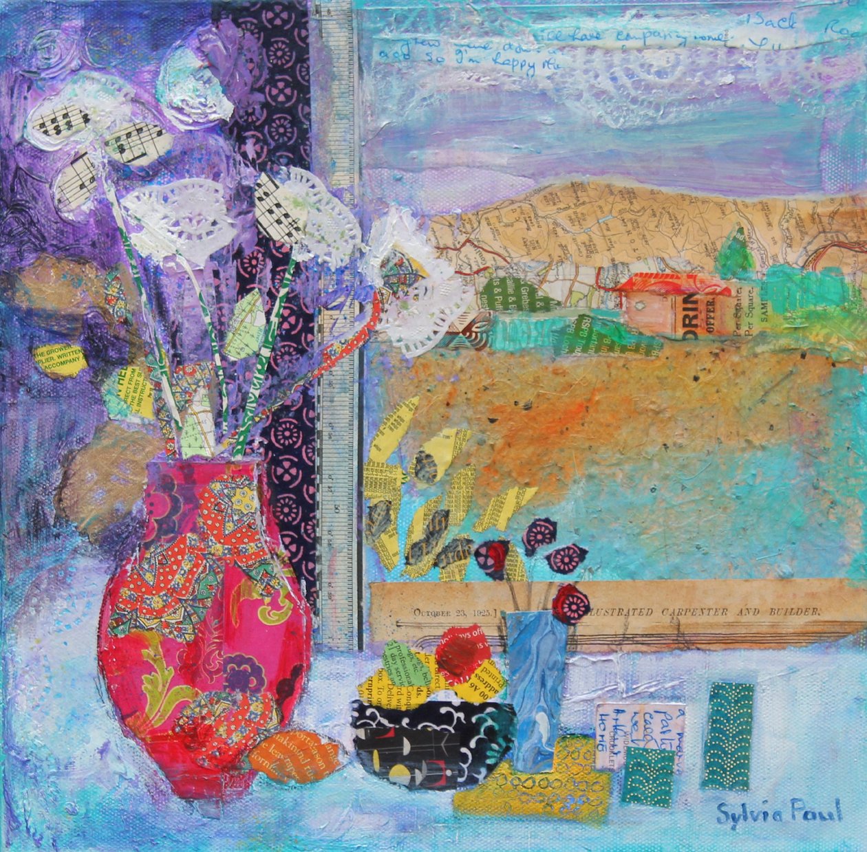 Kwiaty w oknie 2014, akryl, papier collage autorstwa Sylvia Paul