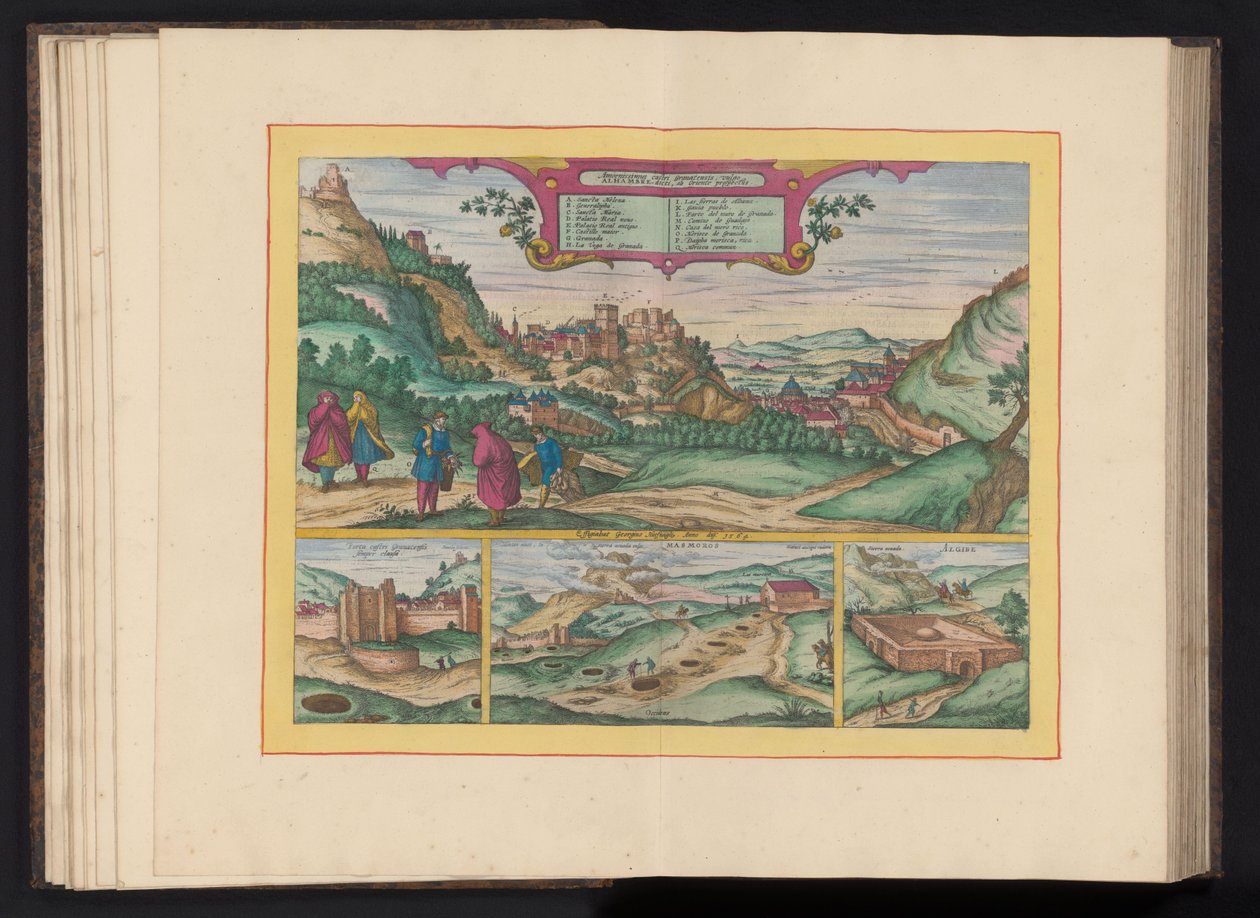 Gezicht op het Alhambra en de stad Granada Najpiękniejszy zamek Granady, potocznie zwany Alhambrą, oglądany od wschodu (tytuł na obiekcie) autorstwa Symon Novelanus (possibly)