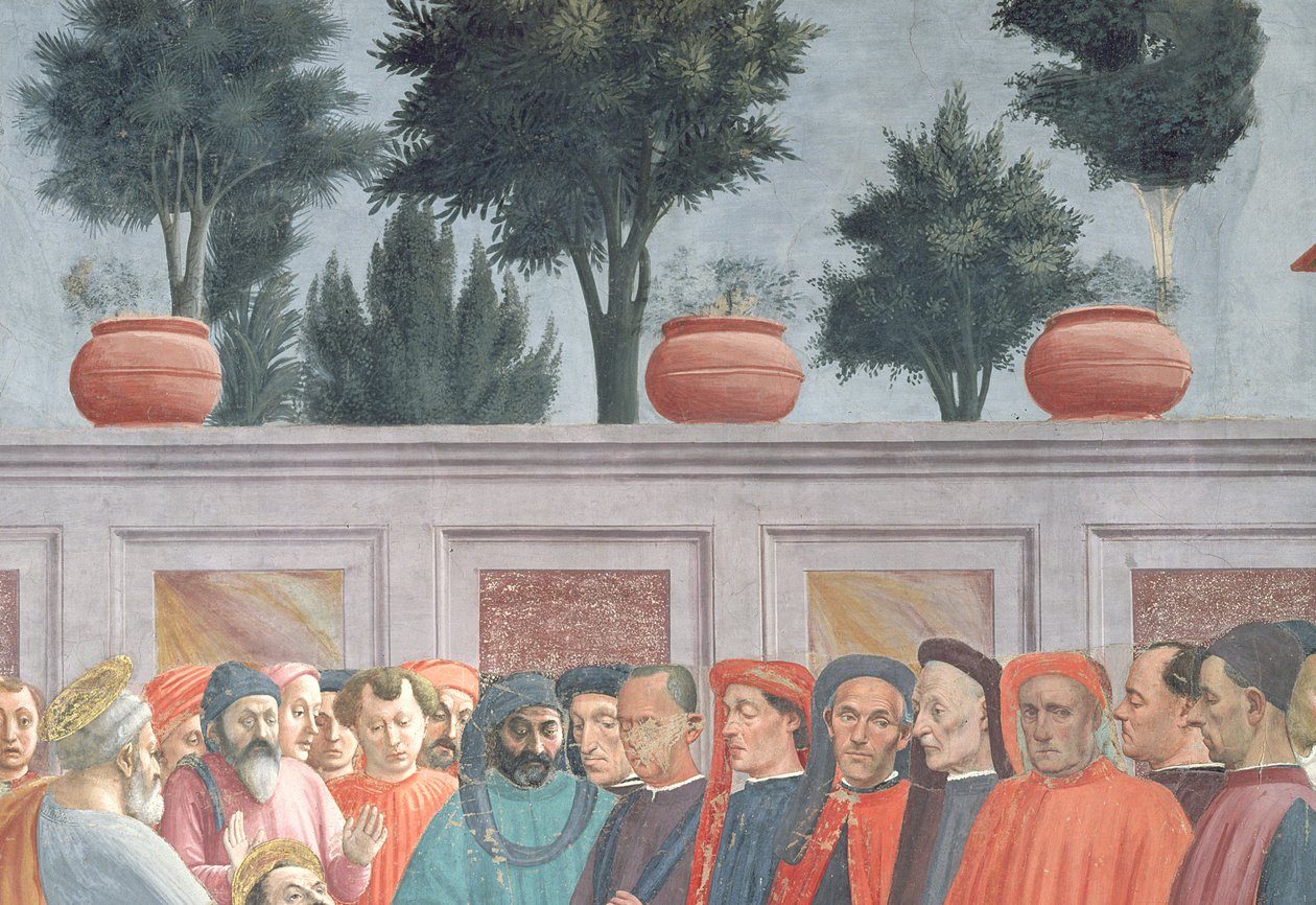 Głowy osób pod ścianą w tle, z Wniebowzięcia Syna Teofila i św. Piotra Intronizowanego jako pierwszego biskupa Antiochii, ok. 1427 i ok. 1484-85 (detal z 63302) autorstwa Tommaso Masaccio
