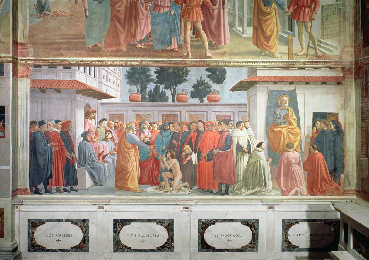 Wskrzeszenie syna Teofila, króla Antiochii i św. Piotra na tronie pierwszego biskupa Antiochii, ok. 1427 i ok. 1480 autorstwa Tommaso Masaccio