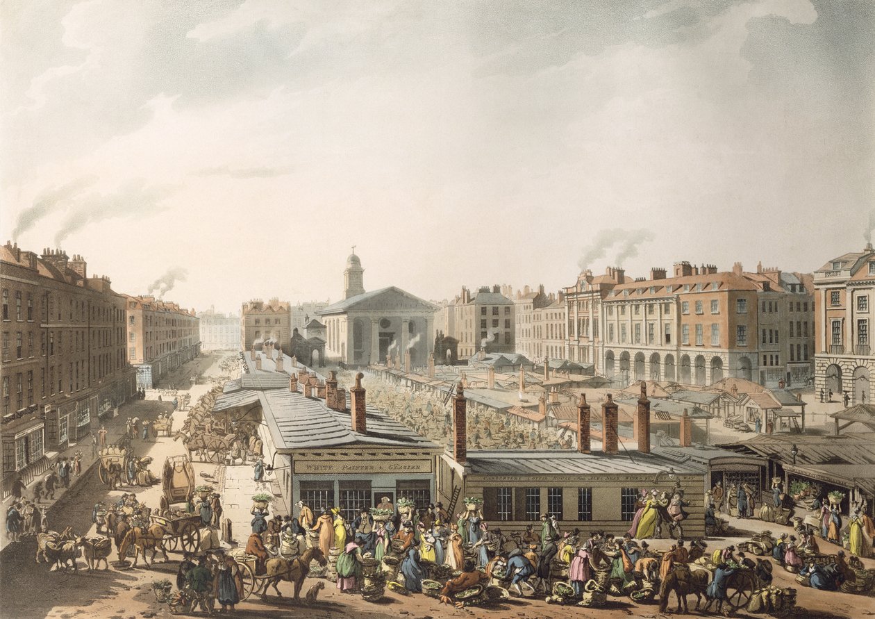 Covent Garden Market, widok z lotu ptaka, z Microcosm of London Ackermanna, 1811 (druk) autorstwa Pugin and Rowlandson