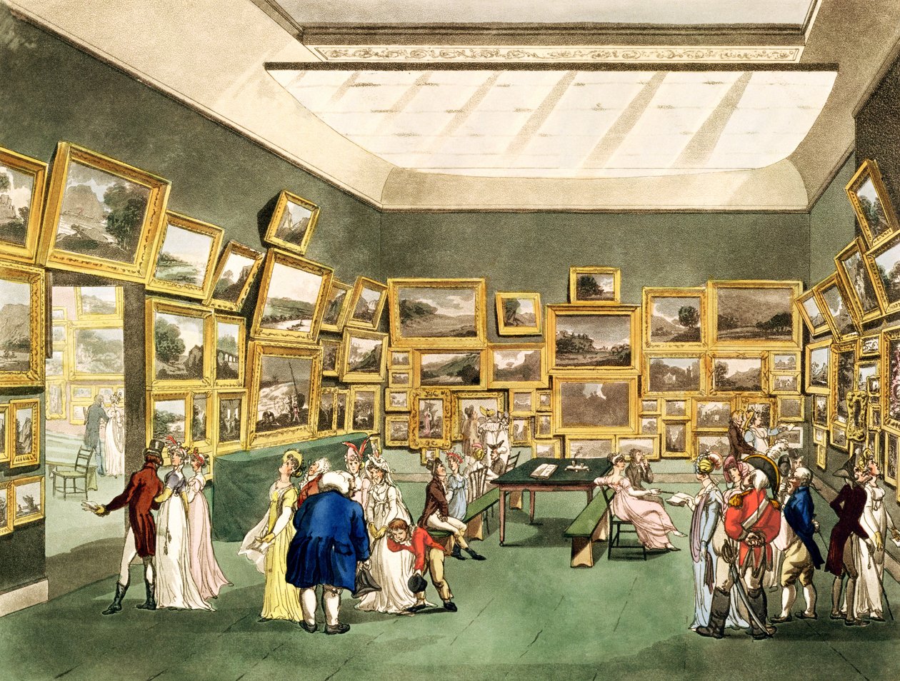 Wystawa rysunków akwarelowych Towarzystwa Malarzy w Akwarelach, z „Mikrokosmosu Londynu”, ryt. J. C. Stadler (fl.1780-1812), wyd. R. Ackermann (1764-1831) 1808 (akwati autorstwa Pugin and Rowlandson