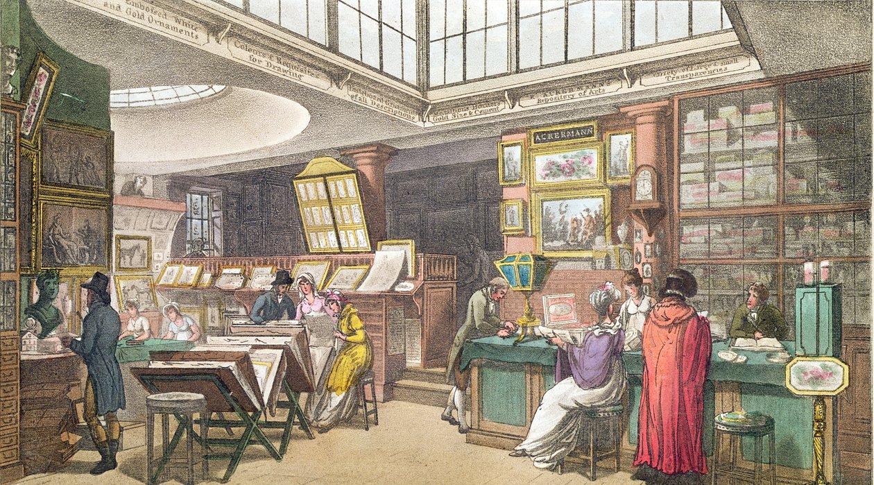 Wnętrze z „Repozytorium Sztuki, Literatury, Handlu, Manufaktury, Mody i Polityki” Ackermanna, opublikowane w latach 1809-28 autorstwa Pugin and Rowlandson