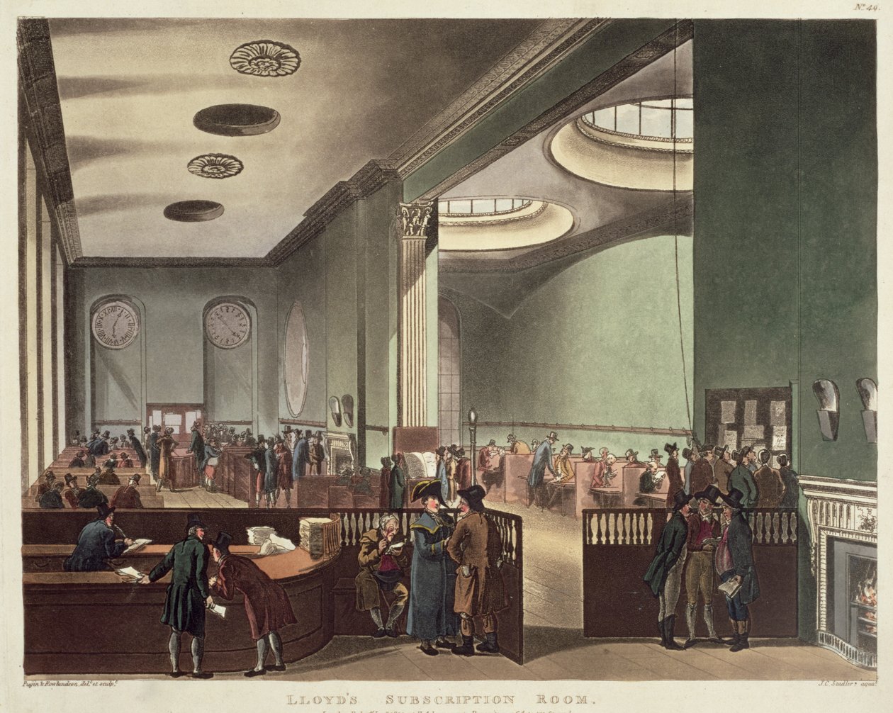 Royal Exchange, Lloyds Subscription Room, z „Mikrokosmosu Londynu” Ackermanna, 1809 (akwatinta kolorowa) autorstwa Pugin and Rowlandson