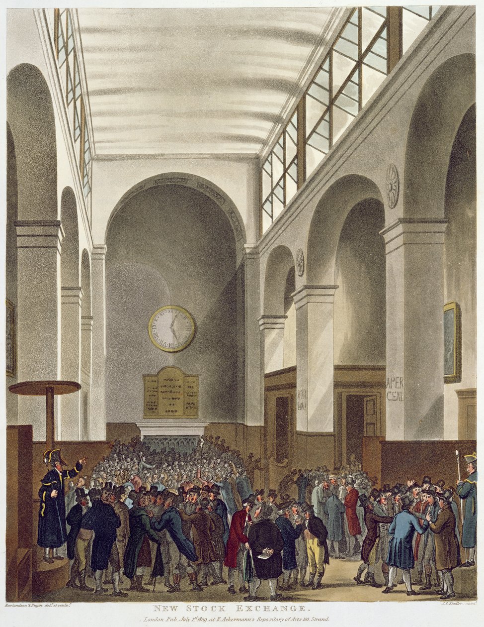 Nowa Giełda Papierów Wartościowych, Bartholomew Lane, z "Mikrokosmosu Londynu" Ackermanna, wydanego w 1809 r. (akwatinta barwna) autorstwa Pugin and Rowlandson