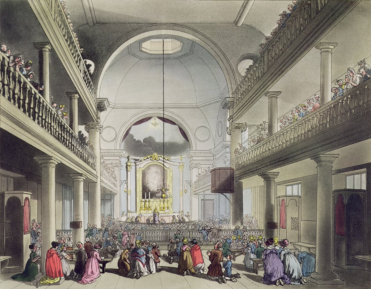 Kaplica rzymskokatolicka, Lincolns Inn Fields, z „Mikrokosmosu Londynu Ackermanna”, rytowana przez Johna Blucka (fl.1791-1819), 1808 (akwatinta) autorstwa Pugin and Rowlandson