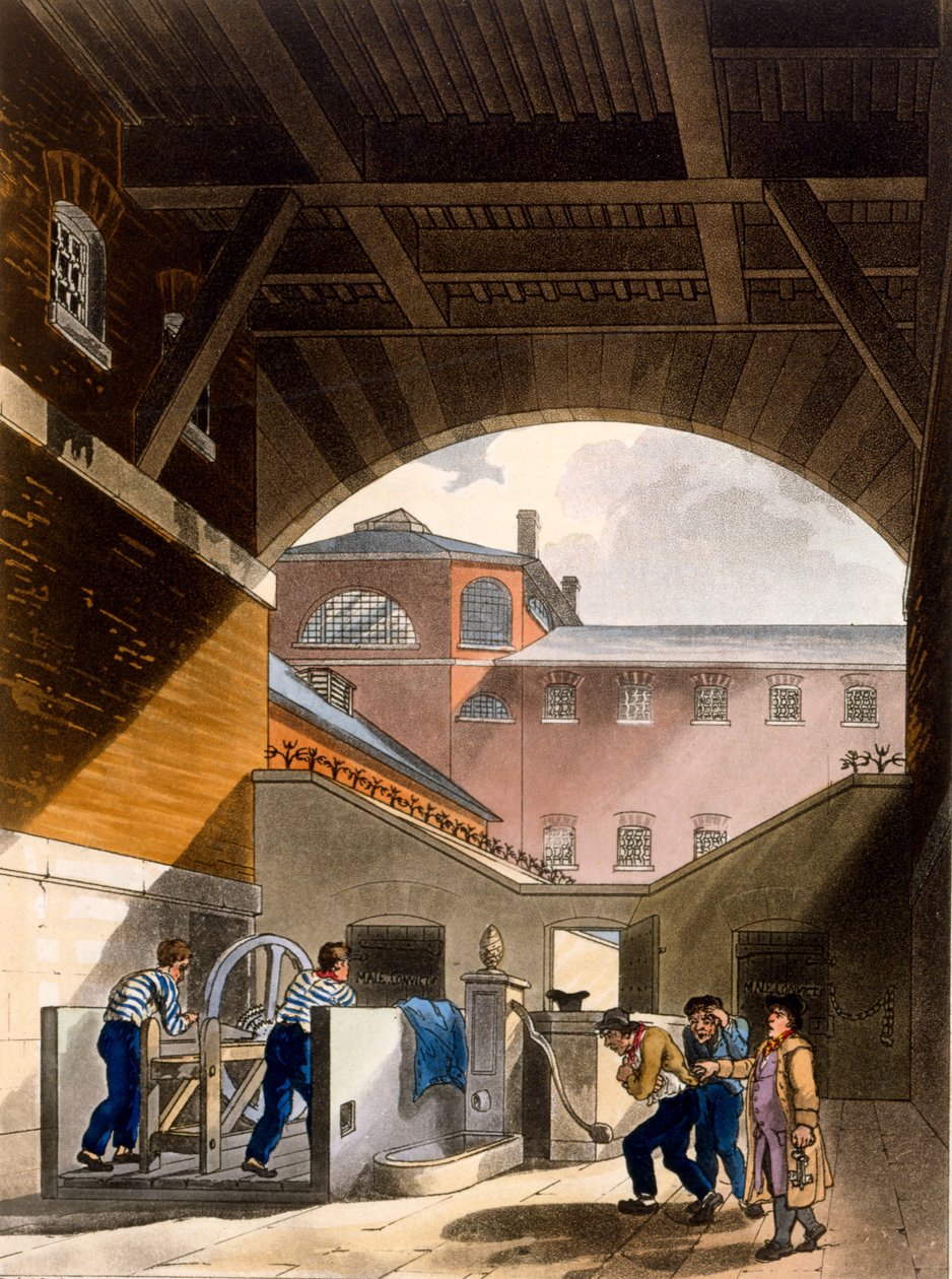 Maszyna wodna, więzienie Coldbath Fields, z „Repozytorium Sztuki” Ackermanna, 1808 (akwatinta ręcznie kolorowana) autorstwa Pugin and Rowlandson
