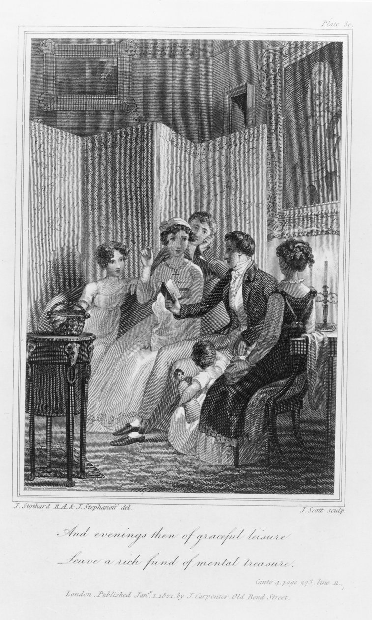 Scena rodzinna – Wieczór w salonie, z „Dzień społeczny” Petera Coxe’a, sztych. J. Scott, publikacja 1822 autorstwa T. and Stephanoff, J. Stothard