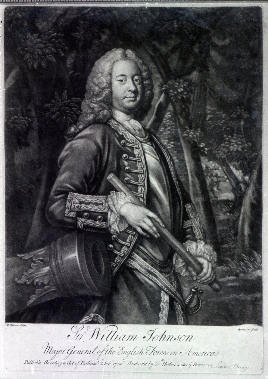 Sir William Johnson, grawerowane przez Charlesa Spoonera, 1756 (mezzotinta) autorstwa T. Adams