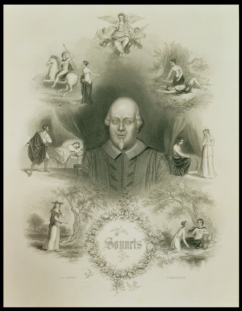 Frontyspis do „Sonetów” z „Dzieła wszystkich Szekspira”, poprawione przez J. O. Halliwella, sztychowane przez G. Greatbacha autorstwa T. D. Scott