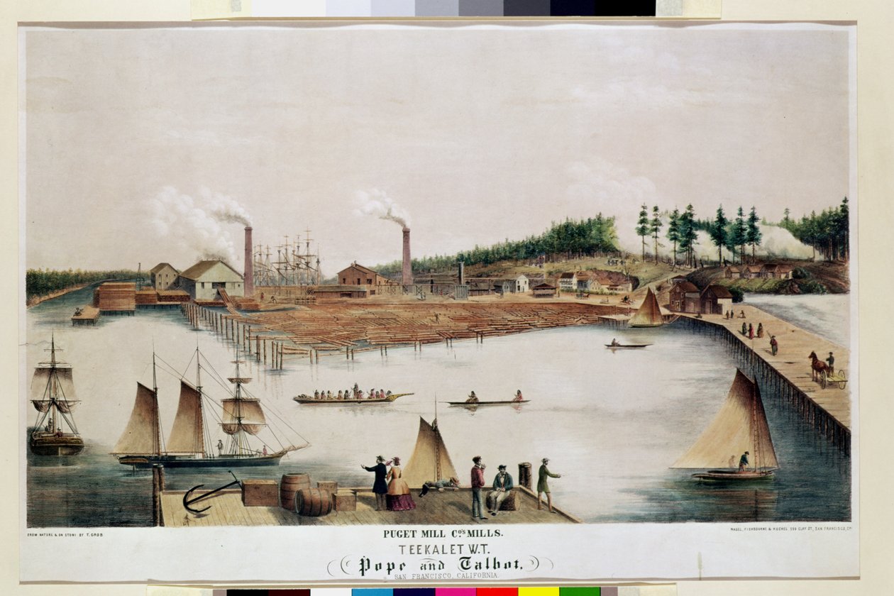 Widok na tartak Puget Mill Company w Teekalet, 1856 r. autorstwa T. Grob