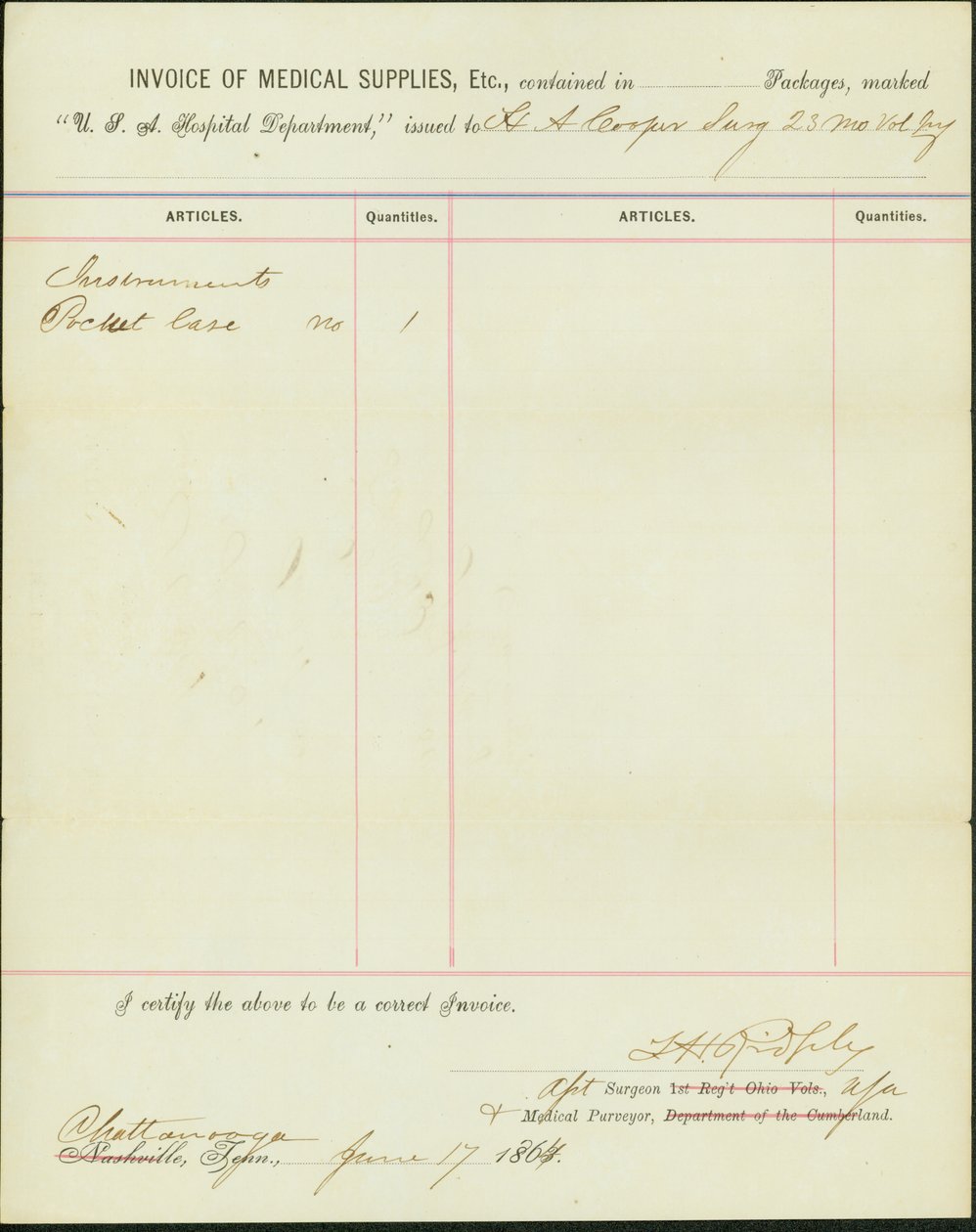 Wymienia dostawy wydane dla H.A. Cooper, chirurg 23. Ochotniczej Piechoty Missouri autorstwa T. H. Ridgely