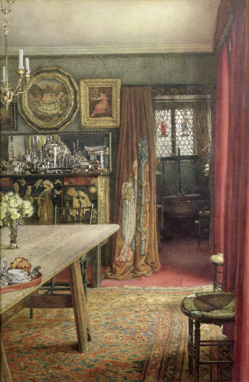 Widok wnętrza The Grange, North End Road, Fulham, gdzie mieszkał Edward Burne-Jones (1833-98) (wc na papierze) autorstwa T. M. Rook