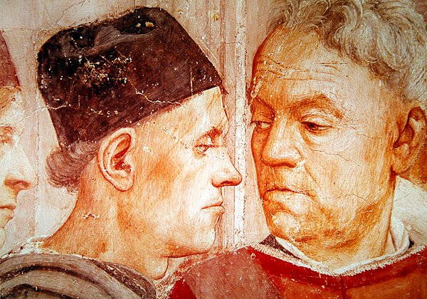 Szczegóły dygnitarzy, z Wskrzeszenia Syna Teofila i św. Piotra na tronie pierwszego biskupa Antiochii, ok. 1427 i ok. 1484-85 autorstwa Tommaso Masaccio