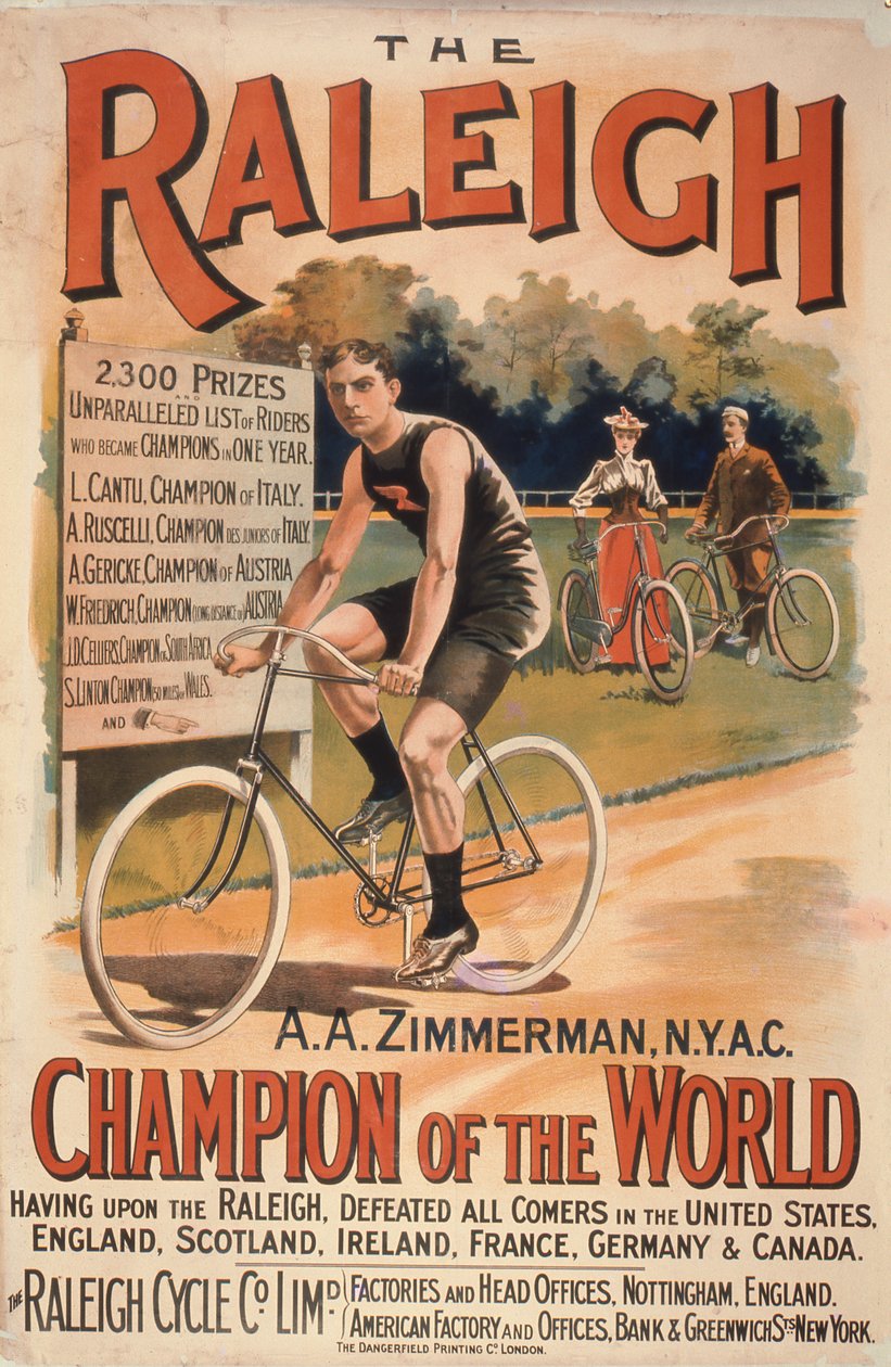 Plakatowe cykle reklamowe Raleigh z portretem Arthura Augustusa Zimmermana, mistrza świata, 1893 autorstwa T. Moore