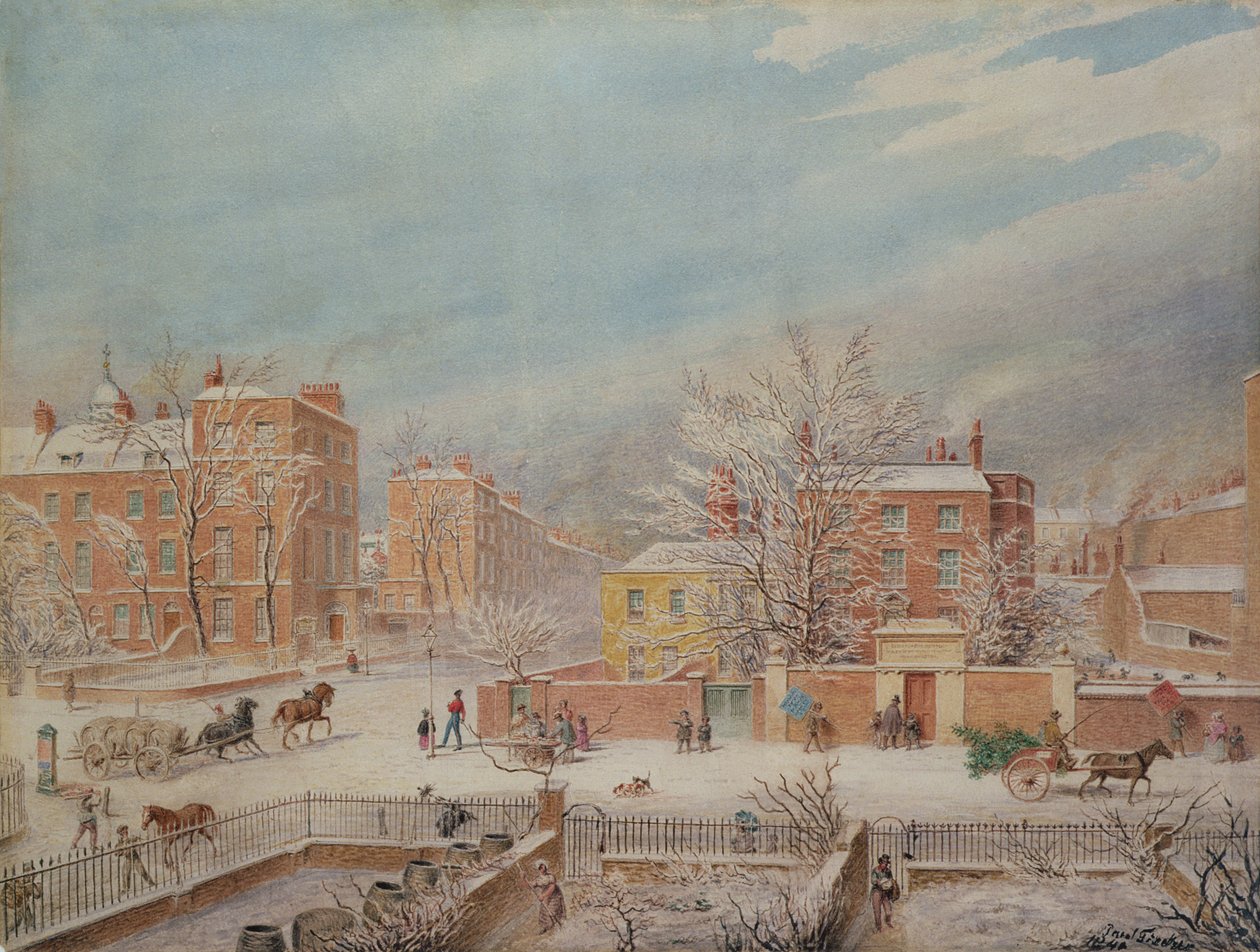 Marylebone Road na skrzyżowaniu z Lisson Grove i Stingo Lane pokazuje szkołę filologiczną zimą, 1849 autorstwa T. Paul Fisher