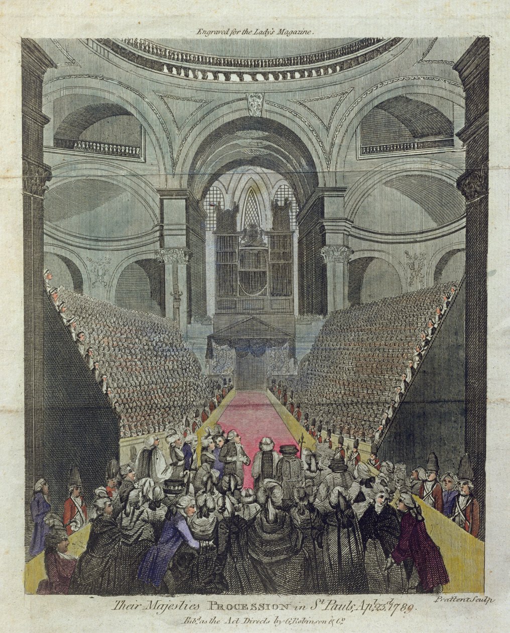 Wnętrze katedry św. Pawła podczas nabożeństwa dziękczynnego za odzyskanie króla Jerzego III (1738-1820) 23 kwietnia 1789 autorstwa T. Prattent