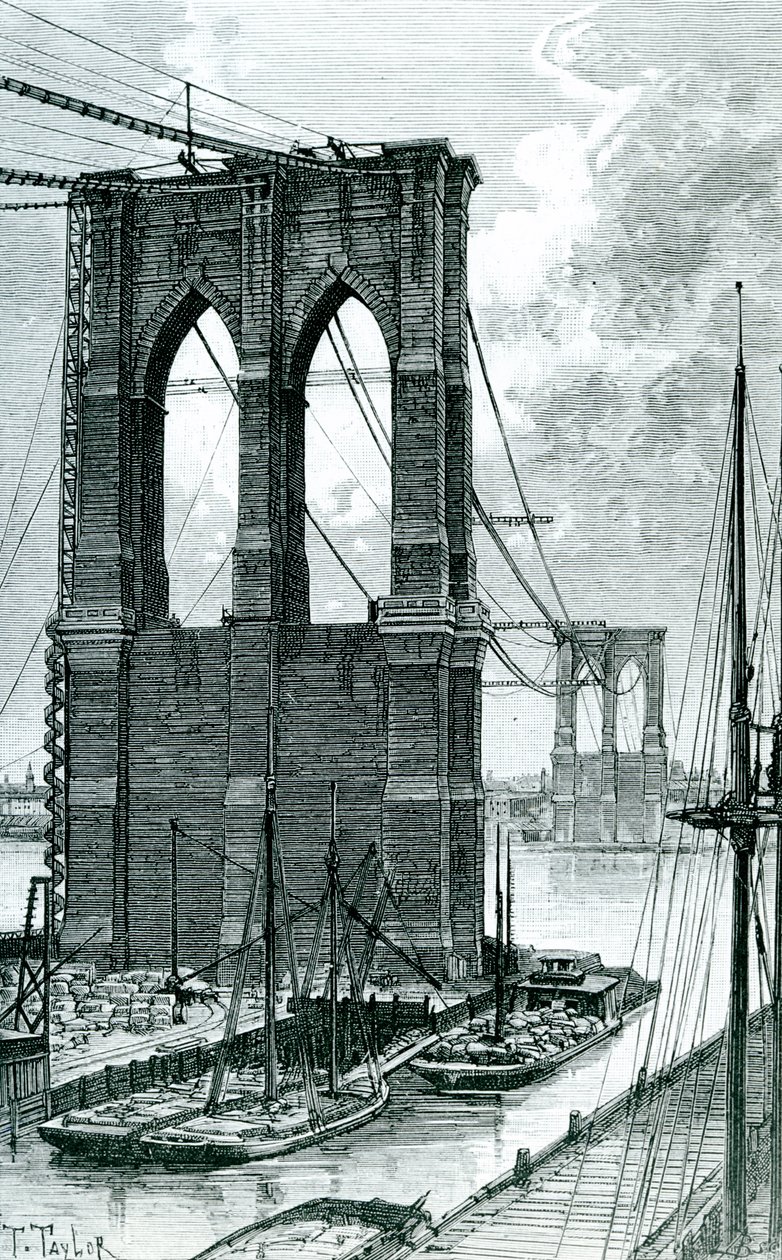 Most Brookliński w budowie, rysowany na podstawie fotografii, 1878 autorstwa T. Taylor