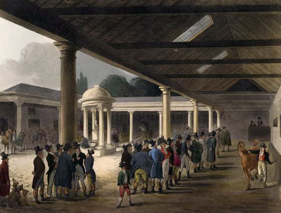 Repozytorium koni Tattersalls firmy Ackermanns Microcosm of London autorstwa T. and Pugin Rowlandson