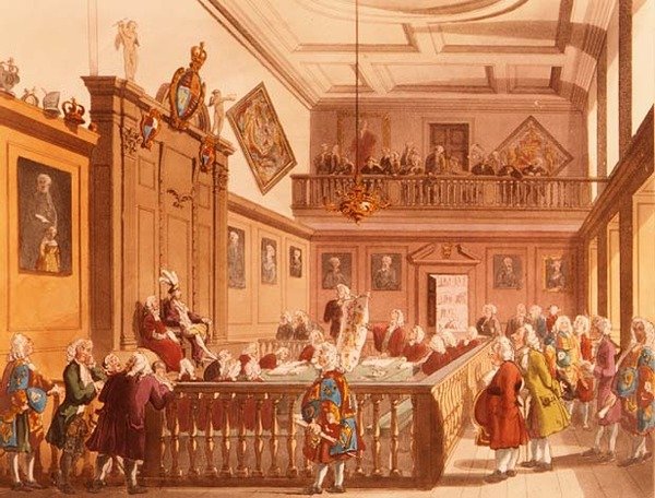 Court of Chivalry na posiedzeniu w Earl Marshals Court w College of Arms z Ackermanns Microcosm of London, 1809 autorstwa T. and Pugin Rowlandson