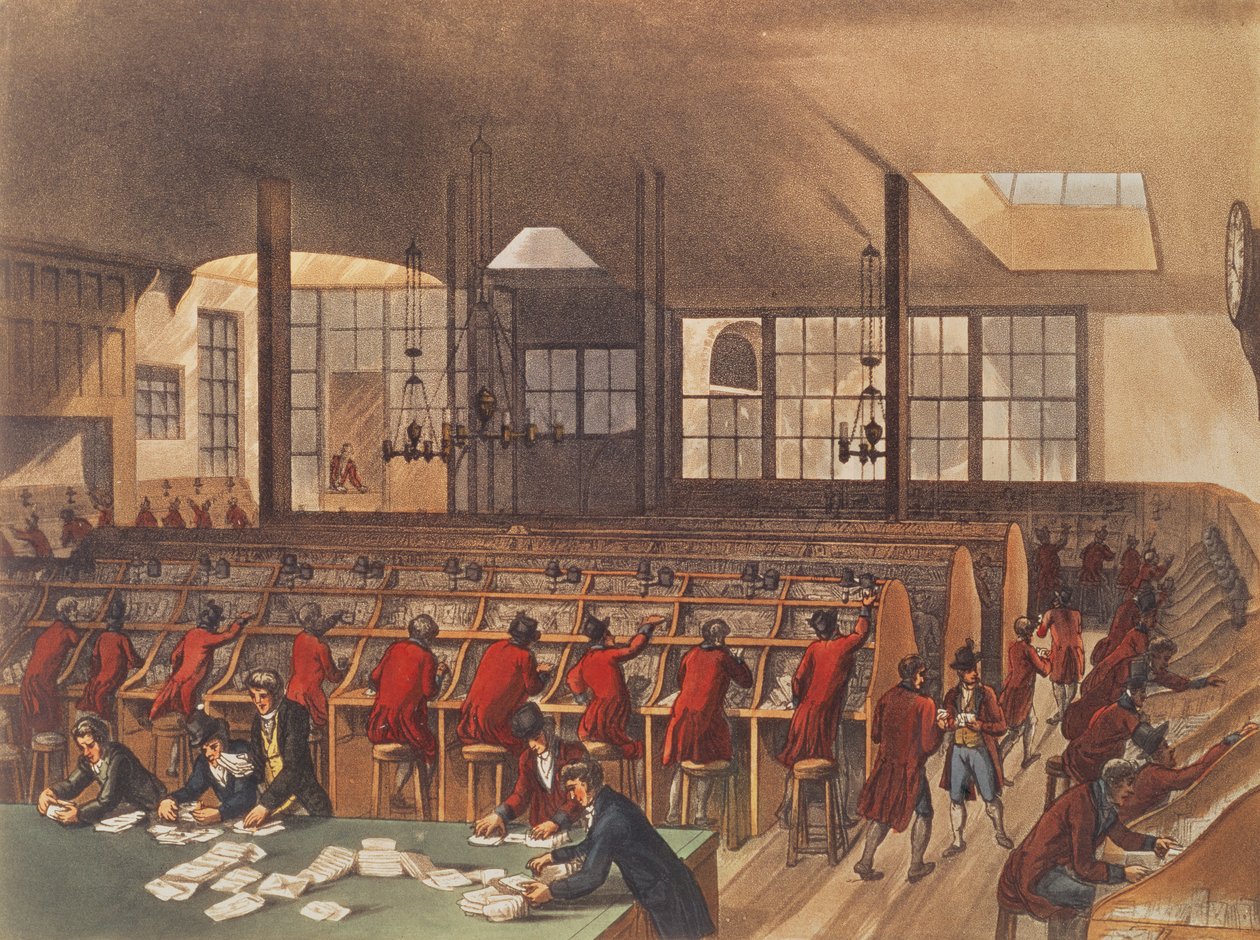 Poczta, z Ackermanns Microcosm of London, tom II, wyd. 1809 autorstwa T. and Pugin Rowlandson