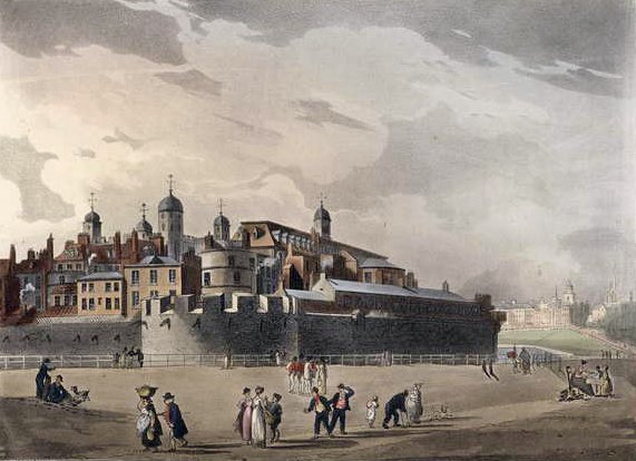 Widok na Wieżę z Ackermanns Microcosm of London, Tom III, Pub. 1809 (akwatinta ręcznie kolorowana) autorstwa T. and Pugin Rowlandson