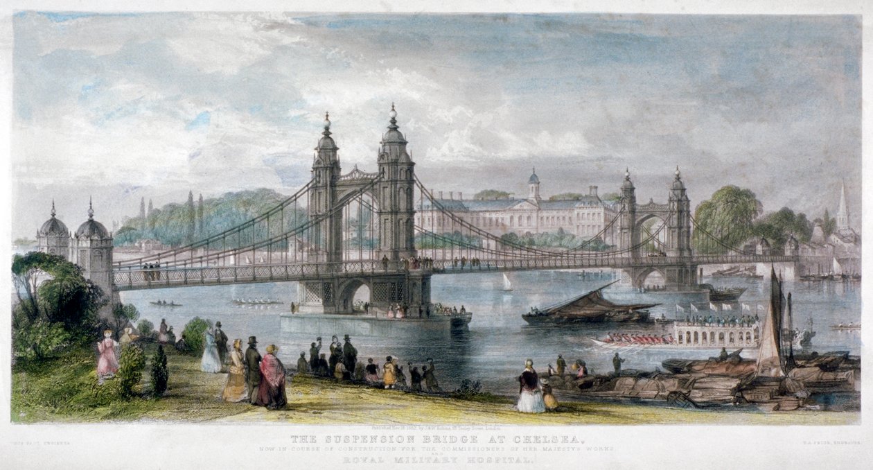 Widok mostu wiszącego w Chelsea, Londyn, 1852 r. autorstwa TA Prior