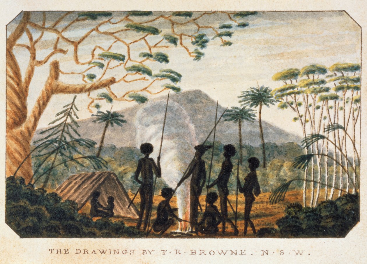 Grupa Aborygenów wokół ogniska, 1813 autorstwa T.R. Browne
