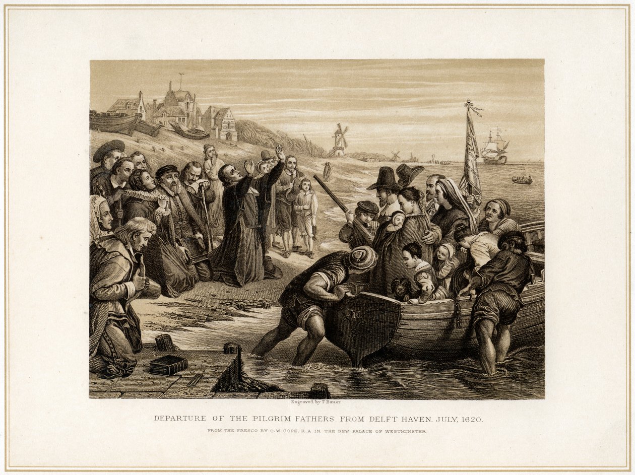„Wyjazd Ojców Pielgrzymów z Delft Haven, lipiec 1620”, XIX w. autorstwa T Bauer