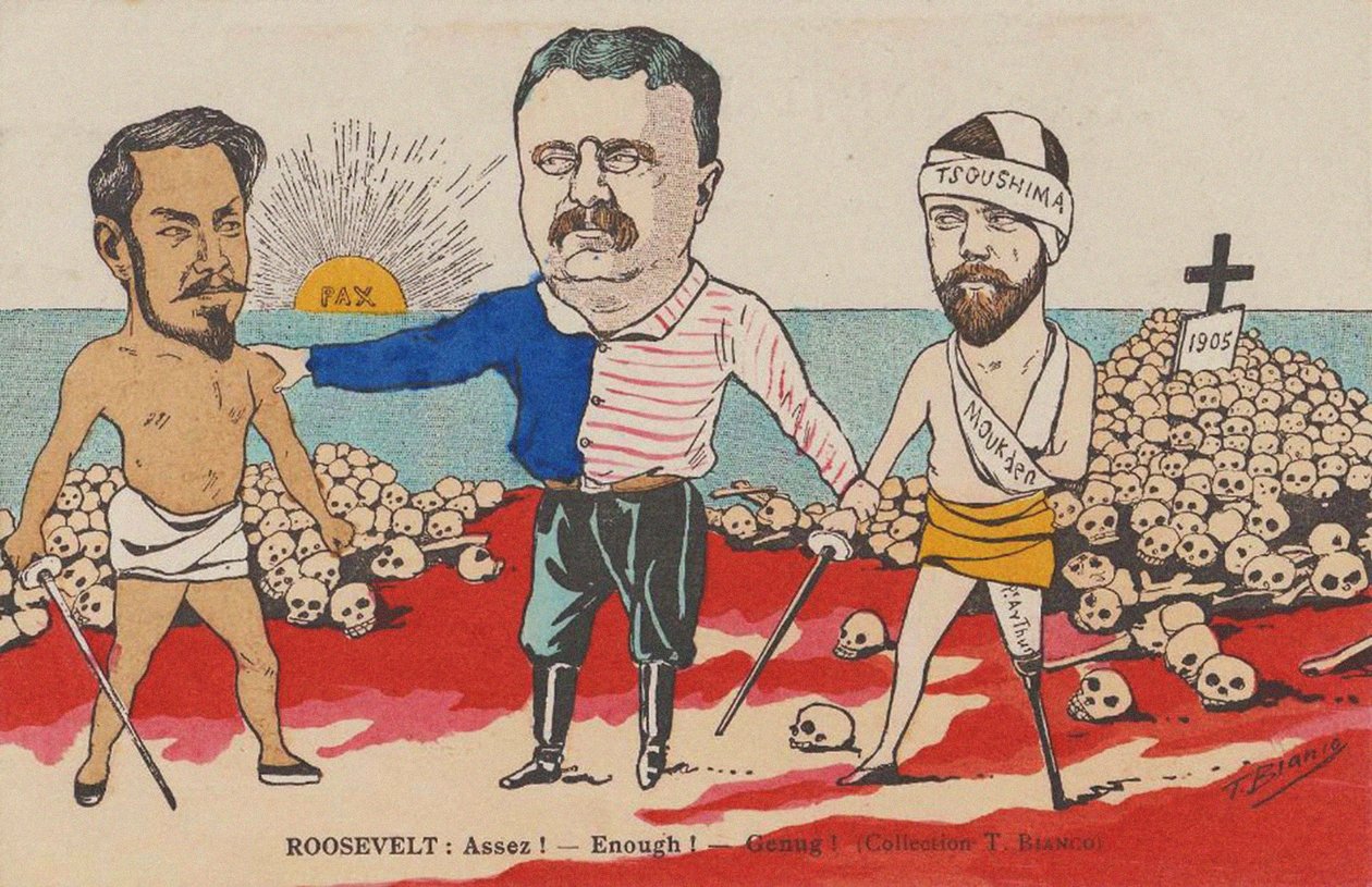 Roosevelt: Assez! - Wystarczająco! - Niech! Karykatura na traktacie z Portsmouth, 1905. autorstwa T. Bianco